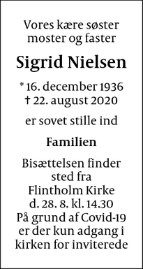 Dødsannoncen for Sigrid Nielsen - Frederiksberg