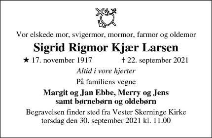 Dødsannoncen for Sigrid Rigmor Kjær Larsen - Nyborg