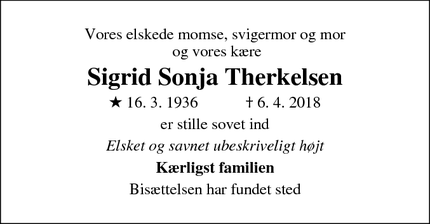 Dødsannoncen for Sigrid Sonja Therkelsen - Kalundborg