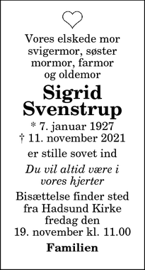 Dødsannoncen for Sigrid
Svenstrup - Hadsund