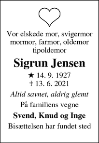 Dødsannoncen for Sigrun Jensen - Føllenslev