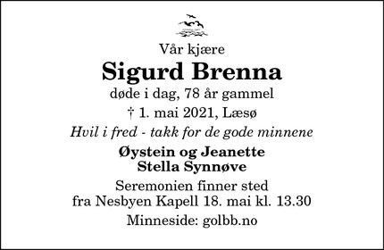 Dødsannoncen for Sigurd Brenna - Oslo