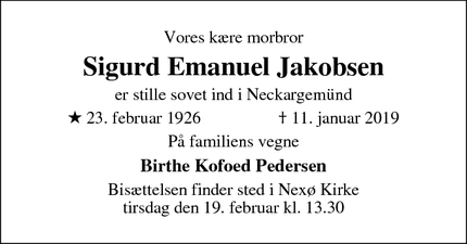 Dødsannoncen for Sigurd Emanuel Jakobsen - Viborg