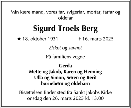 Dødsannoncen for Sigurd Troels Berg - Glostrup