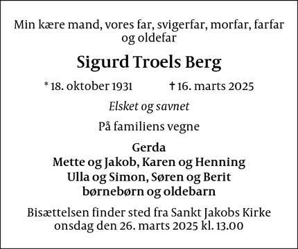 Dødsannoncen for Sigurd Troels Berg - Glostrup