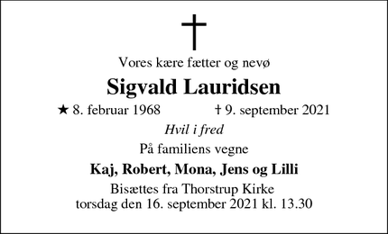 Dødsannoncen for Sigvald Lauridsen - Aarhus C