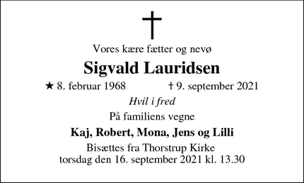 Dødsannoncen for Sigvald Lauridsen - Aarhus C