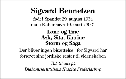 Dødsannoncen for Sigvard Bennetzen - Nykøbing Sj
