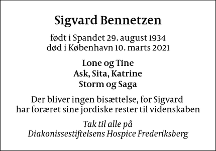 Dødsannoncen for Sigvard Bennetzen - Nykøbing Sj