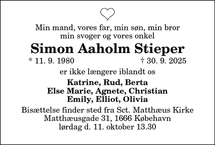 Dødsannoncen for Simon Aaholm Stieper - København
