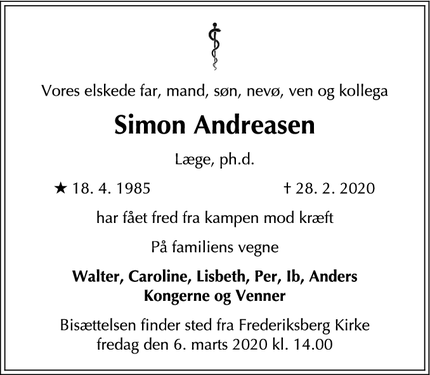 Dødsannoncen for Simon Andreasen - Frederiksberg