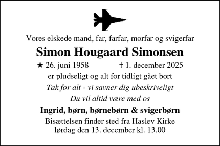 Dødsannoncen for Simon Hougaard Simonsen - Haslev