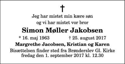 Dødsannoncen for Simon Møller Jakobsen - Brønderslev