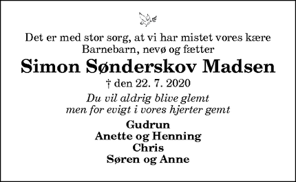 Dødsannoncen for Simon Sønderskov Madsen - Ballerum ved Thisted. (Jeg skriver fra R