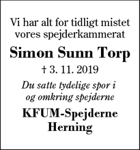 Dødsannoncen for Simon Sunn Torp - Herning