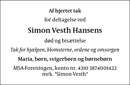 Taksigelsen for Simon Vesth Hansens  - Åbyhøj