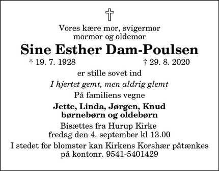 Dødsannoncen for Sine Esther Dam-Poulsen - Aalborg