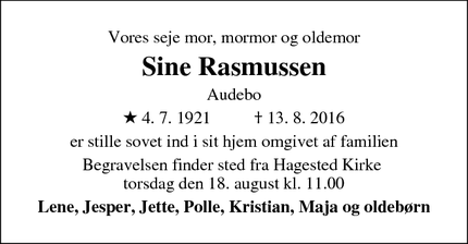 Dødsannoncen for Sine Rasmussen - Audebo