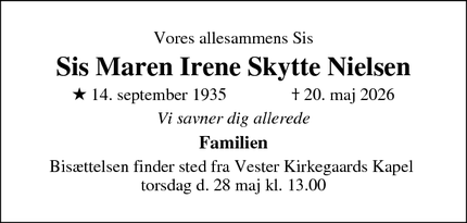 Dødsannoncen for Sis Maren Irene Skytte Nielsen - Højbjerg