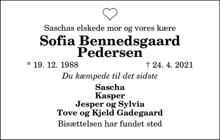 Dødsannoncen for Sofia Bennedsgaard Pedersen - Sæby