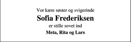 Dødsannoncen for Sofia Frederiksen - Varde