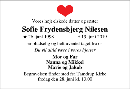 Dødsannoncen for Sofie Frydensbjerg Nilesen - Horsens