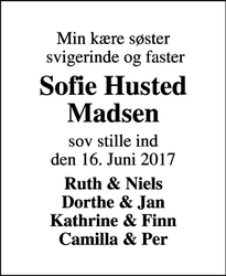 Dødsannoncen for Sofie Husted Madsen  - Holstebro