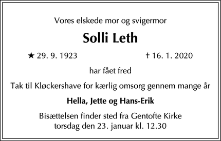 Dødsannoncen for Solli Leth - Gentofte