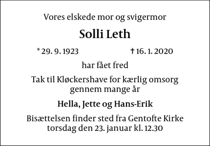 Dødsannoncen for Solli Leth - Gentofte