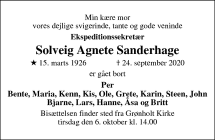 Dødsannoncen for Solveig Agnete Sanderhage - Hillerød