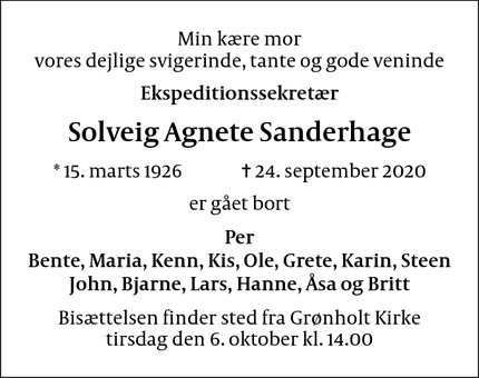 Dødsannoncen for Solveig Agnete Sanderhage - Hillerød