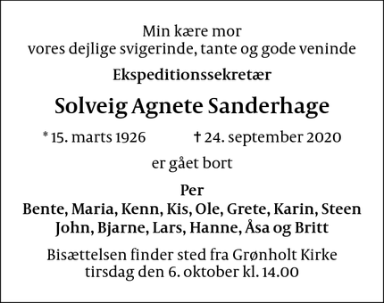 Dødsannoncen for Solveig Agnete Sanderhage - Hillerød