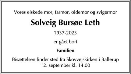 Dødsannoncen for Solveig Bursøe Leth - Ballerup