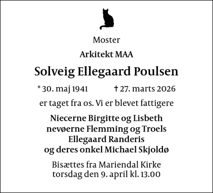 Dødsannoncen for Solveig Ellegaard Poulsen - Frederiksberg