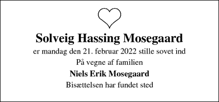Dødsannoncen for Solveig Hassing Mosegaard - Billund