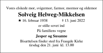 Dødsannoncen for Solveig Helweg-Mikkelsen - Odense 