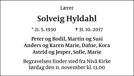 Dødsannoncen for Solveig Hyldahl - Nivå