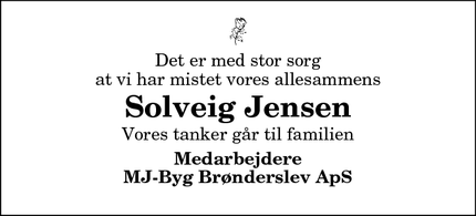 Dødsannoncen for Solveig Jensen - Brønderslev