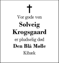 Dødsannoncen for Solveig Krogsgaard - Kibæk