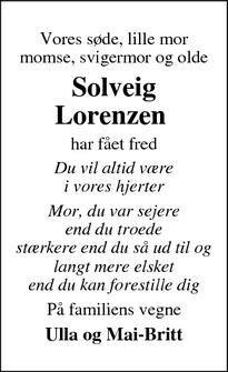 Dødsannoncen for Solveig Lorenzen  - Dragør 