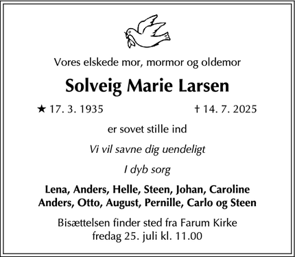 Dødsannoncen for Solveig Marie Larsen - Vallensbæk