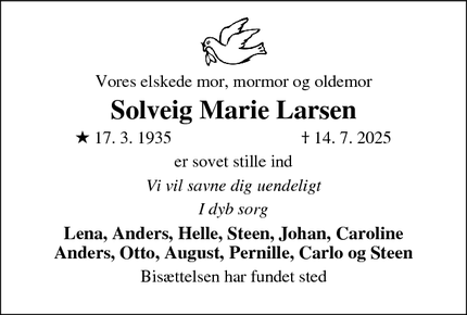 Dødsannoncen for Solveig Marie Larsen - Vallensbæk