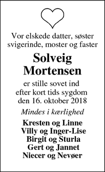 Dødsannoncen for Solveig Mortensen  - Ikast