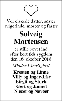 Dødsannoncen for Solveig Mortensen  - Ikast