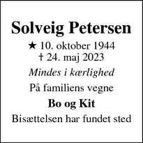 Dødsannoncen for Solveig Petersen - Espergærde