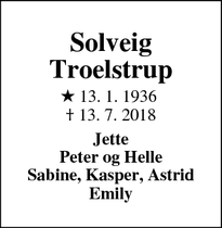 Dødsannoncen for Solveig Troelstrup - København K