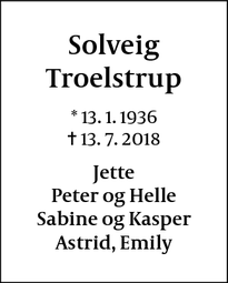 Dødsannoncen for Solveig Troelstrup - København K