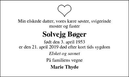 Dødsannoncen for Solvejg Bøger - Viborg