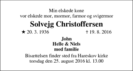 Dødsannoncen for Solvejg Christoffersen - Hareskovby