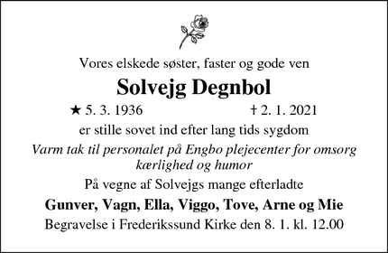 Dødsannoncen for Solvejg Degnbol - Ølstykke